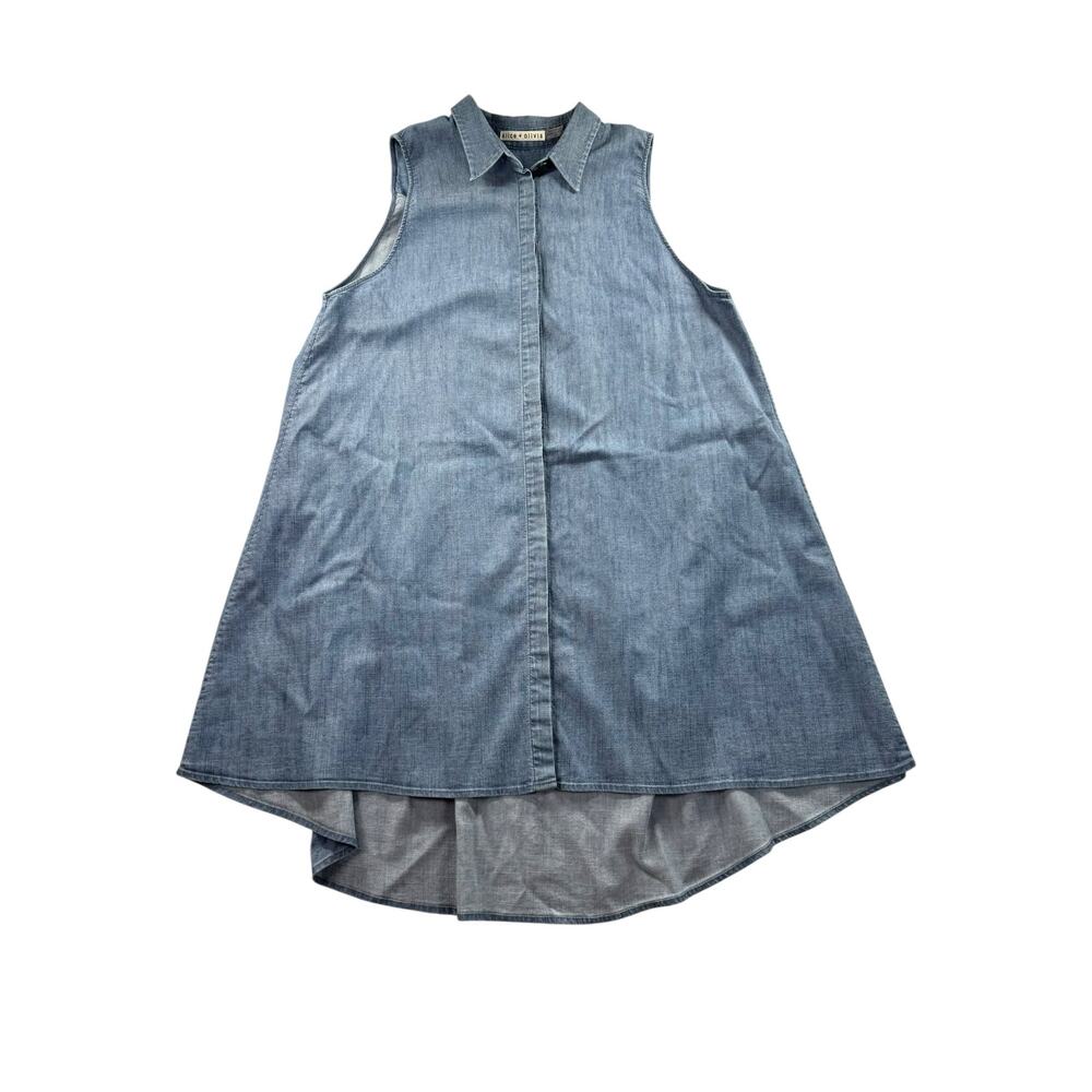 Alice & Olivia Anisa Sleeveless Flowy Tunic Top M Chambray Blue Hi-Lo Button Up - Picture 2 of 8
